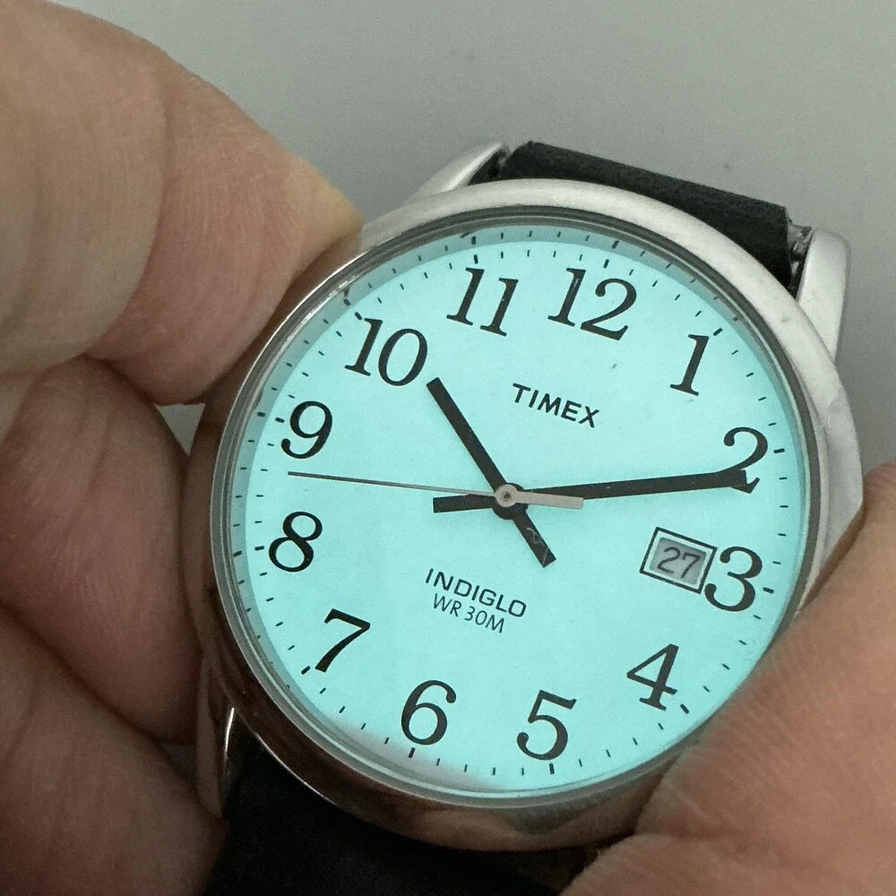 Timex Easy Reader Indiglo WR 30M Mens Watch 35mm Black Leather Band Date